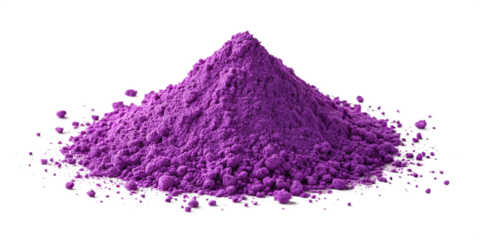 Vibrant Purple Powder Pigment Cone on Transparent Background
High-Resolution Purple Color Powder Mound with Scattered Particles