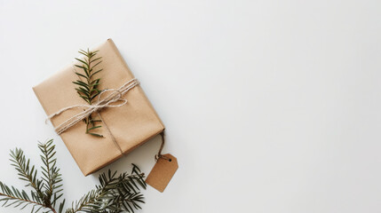 Minimal product mockup holiday flat lay, single gift box and tag, clean white background, soft shadow, copy space Christmas, ecommerce neutral product image gift exchange party holiday shopping