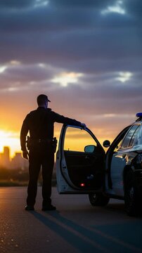 Male police officer standing by his patrol car with the door open, silhouetted against a vibrant sunset sky over a distant city skyline, representing duty and vigilance.