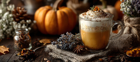 Spice pumpkin latte on autumn background