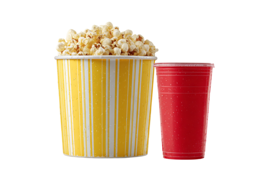 Popcorn in Yellow Bucket and Red Plastic Cup on Transparent Background, PNG