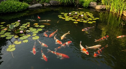 Koi fish swimming in a tranquil pond surrounded by lily pads