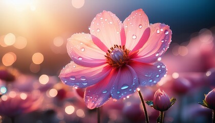 glowing pink flower with water droplets and soft bokeh backlit scene
