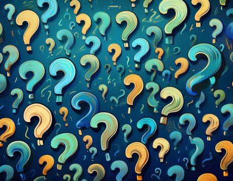 a seamless pattern of scattered blue and green question marks on a blue background symbolizing an endless quest for answers and knowledge