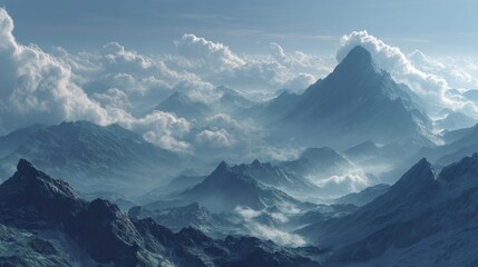 Spectacular mountain range shrouded in mist and cloudscape, a breathtaking vista