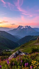 Mountain vista at sunset, wildflowers in foreground