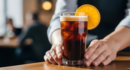 Barista serving cold brew with orange garnish, cinematic soft-lit café photography for premium coffee lifestyle branding