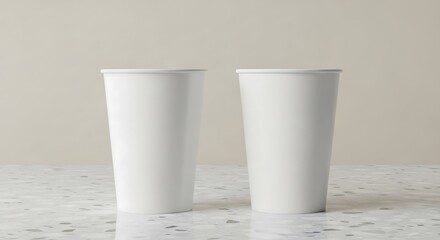 Two plain white takeaway coffee cups on terrazzo countertop, pastel beige background, studio product photography for modern branding