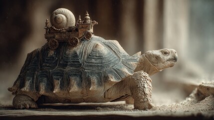 Artistic rendition of a turtle carrying an ornate carriage with a snail
