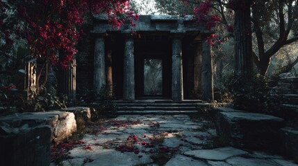 Mystical ruins in woodland with flowering trees and ancient architecture