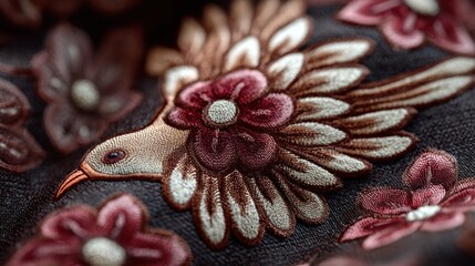 Artistic embroidered avian design with floral elements and intricate details