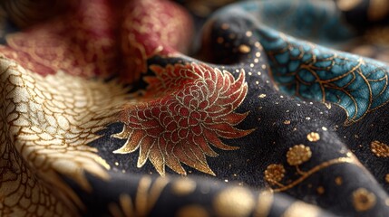 Ornate textile featuring a blend of floral and foliate motifs, macro shot