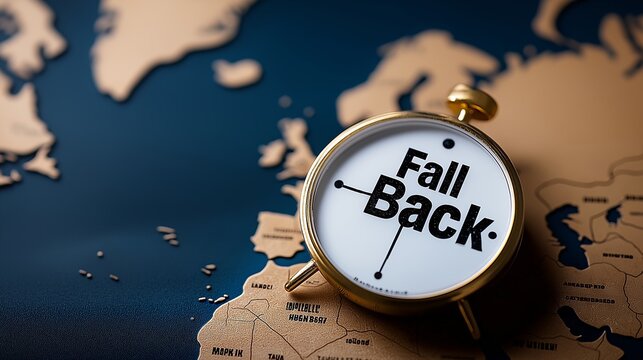 Close-up of a clock with 'Fall Back' text on a world map.