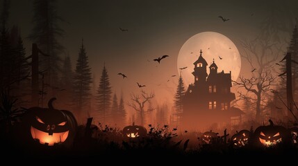 Dark Spooky Halloween backgrounds with haunted houses, pumpkins, and full moon night scenes