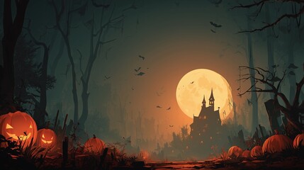Dark Spooky Halloween backgrounds with haunted houses, pumpkins, and full moon night scenes