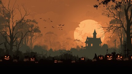 Dark Spooky Halloween backgrounds with haunted houses, pumpkins, and full moon night scenes