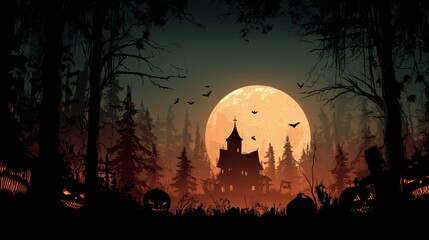 Dark Spooky Halloween backgrounds with haunted houses, pumpkins, and full moon night scenes