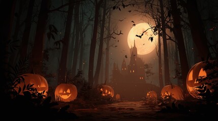 Dark Spooky Halloween backgrounds with haunted houses, pumpkins, and full moon night scenes
