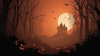 Dark Spooky Halloween backgrounds with haunted houses, pumpkins, and full moon night scenes