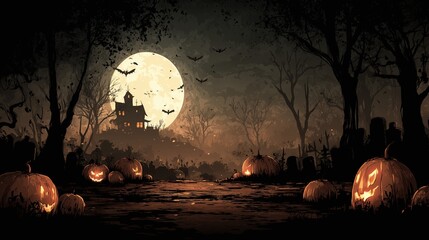 Dark Spooky Halloween backgrounds with haunted houses, pumpkins, and full moon night scenes