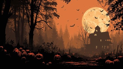Dark Spooky Halloween backgrounds with haunted houses, pumpkins, and full moon night scenes