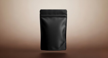 Matte black pouch centered with levitation shadow, gradient beige brown background, studio lighting product photography for premium ads