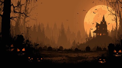 Dark Spooky Halloween backgrounds with haunted houses, pumpkins, and full moon night scenes