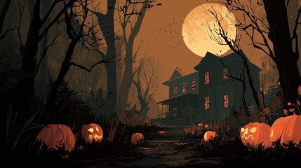 Dark Spooky Halloween backgrounds with haunted houses, pumpkins, and full moon night scenes