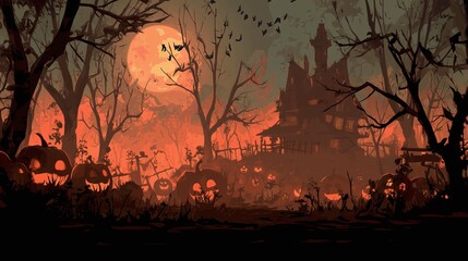 Dark Spooky Halloween backgrounds with haunted houses, pumpkins, and full moon night scenes