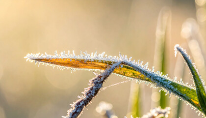 Naklejka premium Stunning close-up of frosty grass glistening in the morning light, perfect for winter nature themes and serene seasonal designs, evoking feelings of peace and tranquility