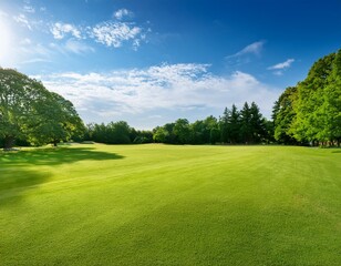 background texture of clean and wellmaintained grass lawn with a variety of trees in the background against beautiful sky vacant ground or empty unpowered campsite in a park copy space
