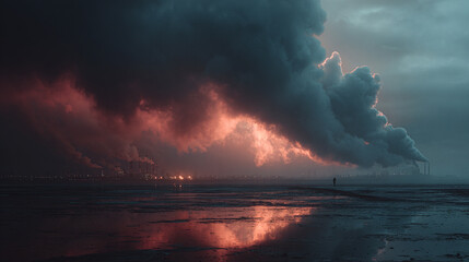 Dark clouds over water reflecting light from distant city.