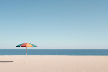 A lone colorful beach umbrella stands on a sandy shore with calm blue sea and clear sky, creating a tranquil coastal scene ideal for summer lifestyle and travel projects.