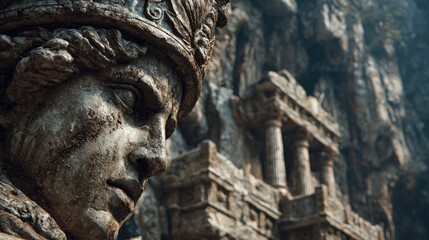 Obraz premium Ancient Guardian Statue Overlooking Crumbling Temple Ruins in a Cliffside