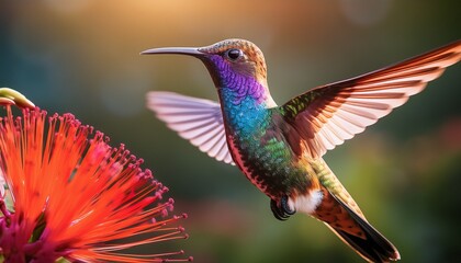 Fototapeta premium colorful hummingbird in mid flight showcasing vibrant feathers in natural habitat