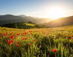 Lush meadow of red poppies with mountains in the background at sunrise