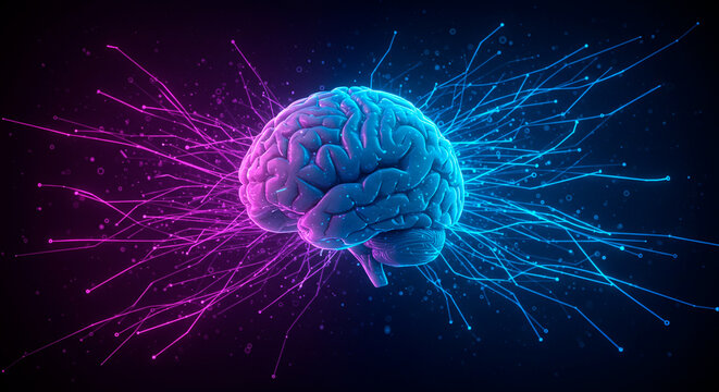 Digital Brain with Neon Connections in Blue and Pink