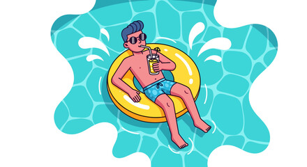 Man relaxing on a float in a pool with a drink.