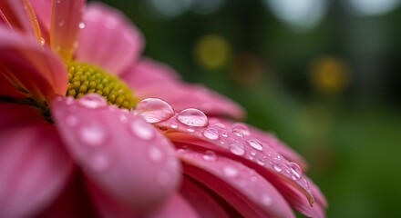 Close up of a pink flower with water droplets in soft focus