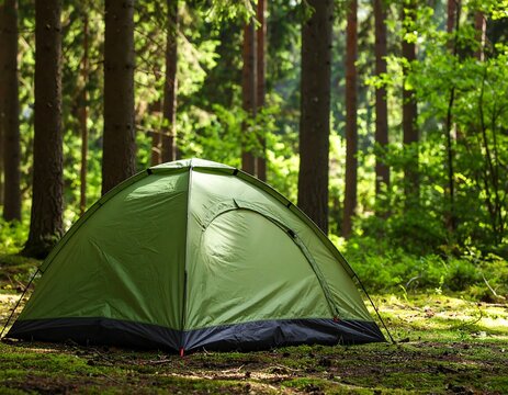 Green tent in a sunlit forest - Powered by Adobe