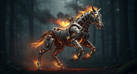 Fototapeta premium Cybernetic horse in forest futuristic creature with glowing flames