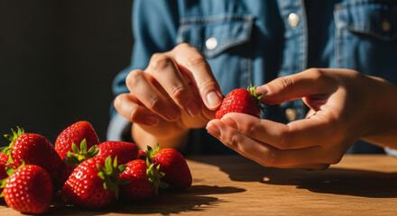Woman inspects ripe fresh strawberries with careful hands at wooden table under morning sunlight, enjoying healthy natural fruit snack rich in vitamins and antioxidants