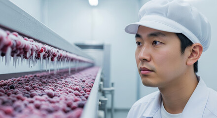 Focused factory worker in white uniform inspects moving conveyor belt with frozen berries in clean modern food processing facility ensuring product quality control