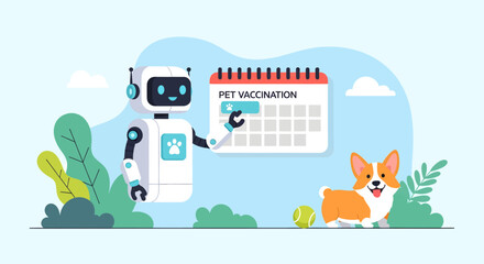 A friendly robot is helping schedule pet vaccinations on a calendar next to a happy corgi dog.