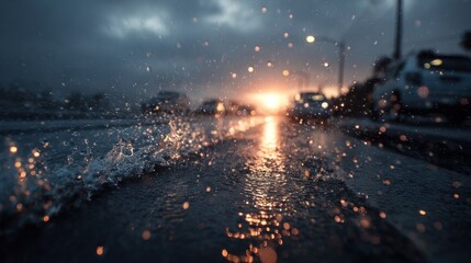 Wet asphalt road with water splashes and blurred vehicles at sunset