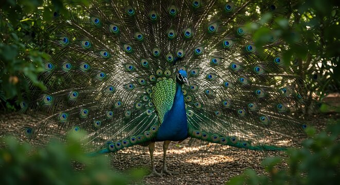 Peacock displays feathers in forest setting vibrant colors and natural beauty