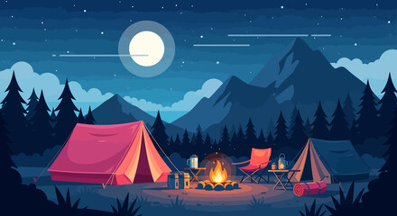 A serene campsite at night with glowing tents and a warm campfire under a starry sky and full moon.