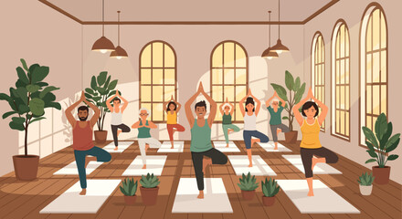 Illustration of a yoga class in a bright room with large windows and plants.