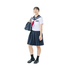 歩くセーラー服を着た女子学生　手作業で精密に切り抜いた背景透過全身写真PNG