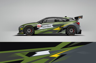 Obraz premium Editable vector EPS car wrap featuring green and black lightning streak graphics. Aggressive motorsport livery suitable for drift, rally, and racing competitions.